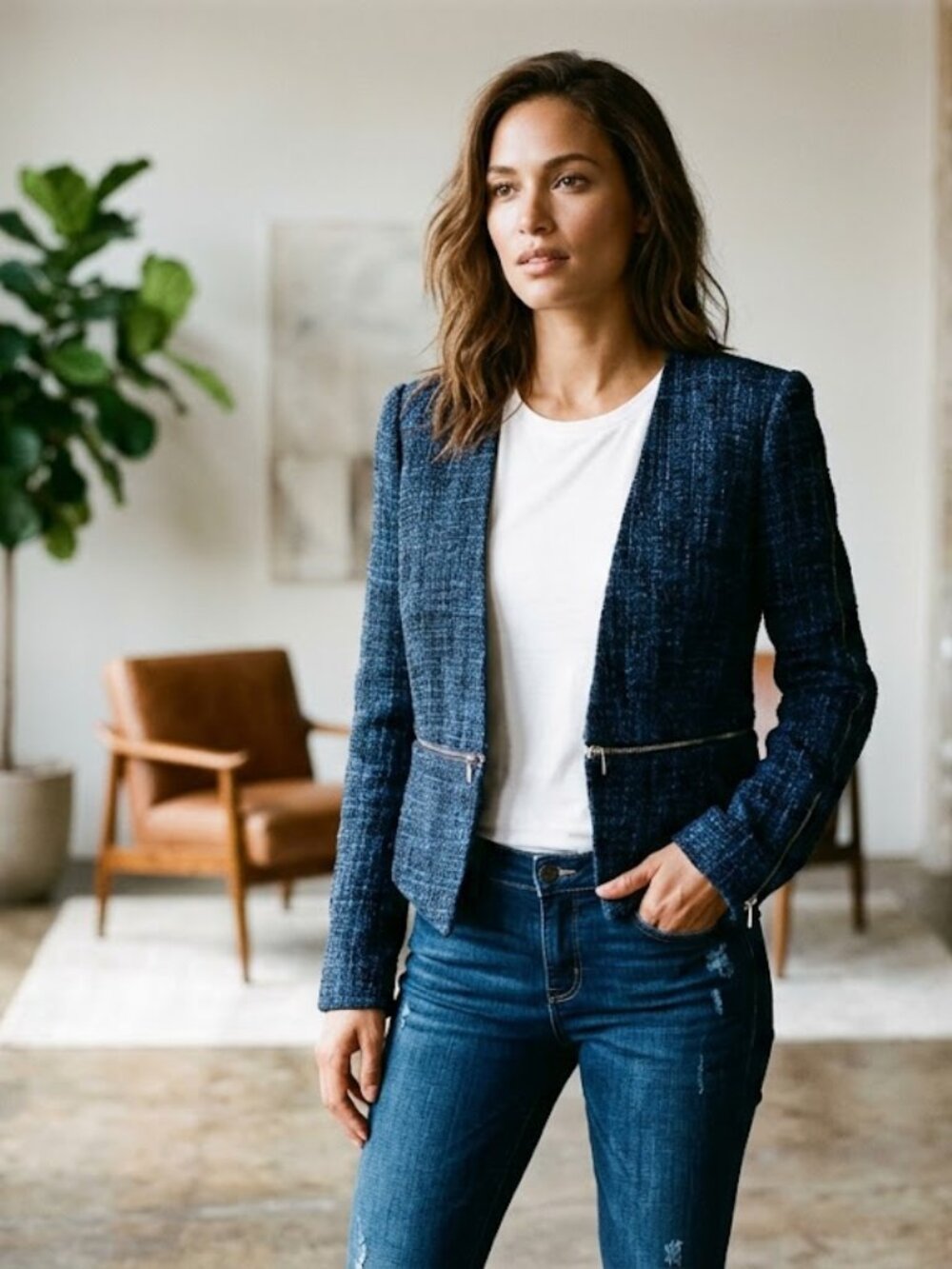BCBGMAXAZRIA Tweed Short V Neck Waist Zip Blazer Navy Large